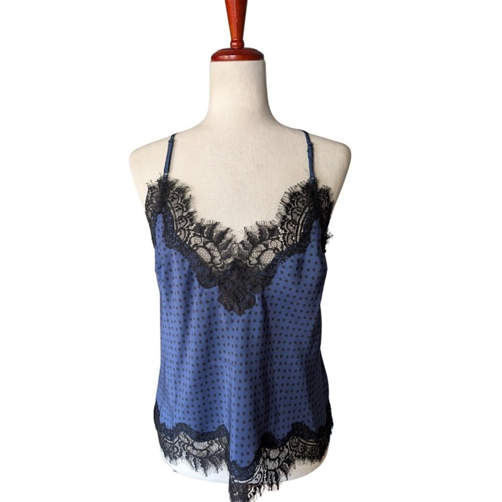 Gold Hawk Silk Star Print Lace Trim Camisole Tanzanite Blue Size Small NWT